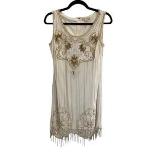 Frock and Frill Cream Gold Flapper Beaded Rhinestone Dress Women’s 10 Gatsby